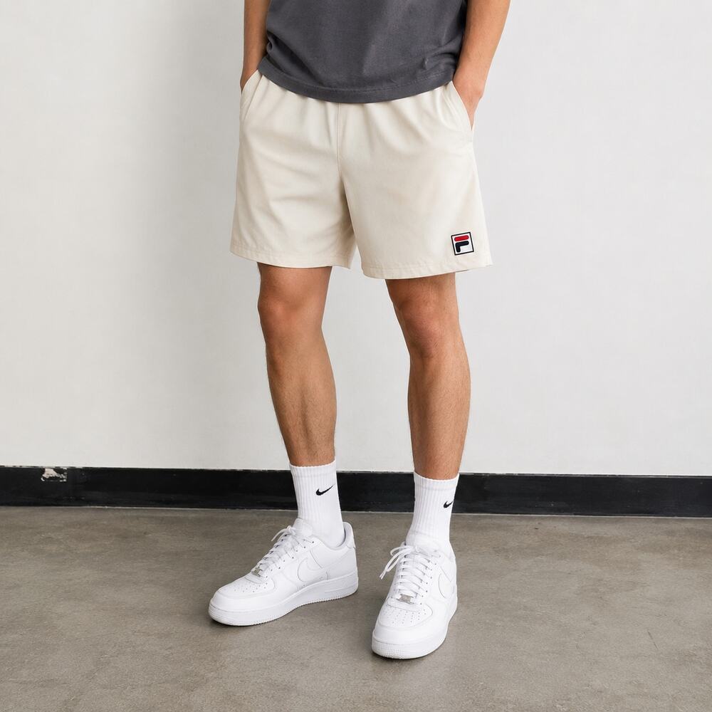 FILA Cream Beige Athletic Shorts Logo Patch Drawstring Men’s Medium